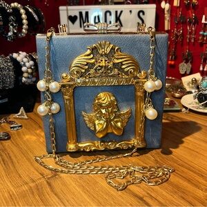 Elegant Blue and Gold Angel Embellished Handbag